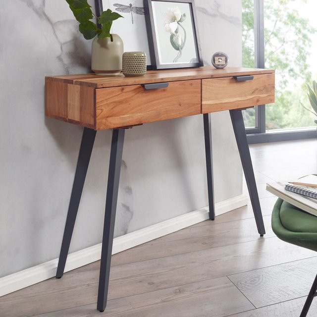 FineBuy Konsolentisch aus Akazie Massivholz und Metall, moderner Schreibtisch oder Schminktisch in Braun, Breite: 90 cm - Bild 1