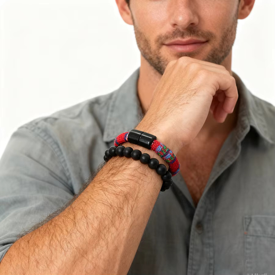 Armband 2 Teile/satz, Stoffschnur, Onyx-Stein, Perlen, Schwarz, Herren - Bild 1