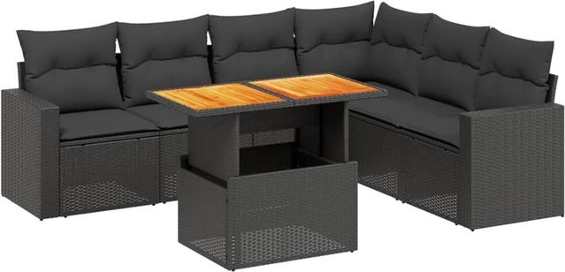 vidaXL 7-teilige Garten-Sofagarnitur in L-Form aus schwarzem Poly-Rattan mit Kissen und pulverbeschichtetem Stahlrahmen - Bild 1