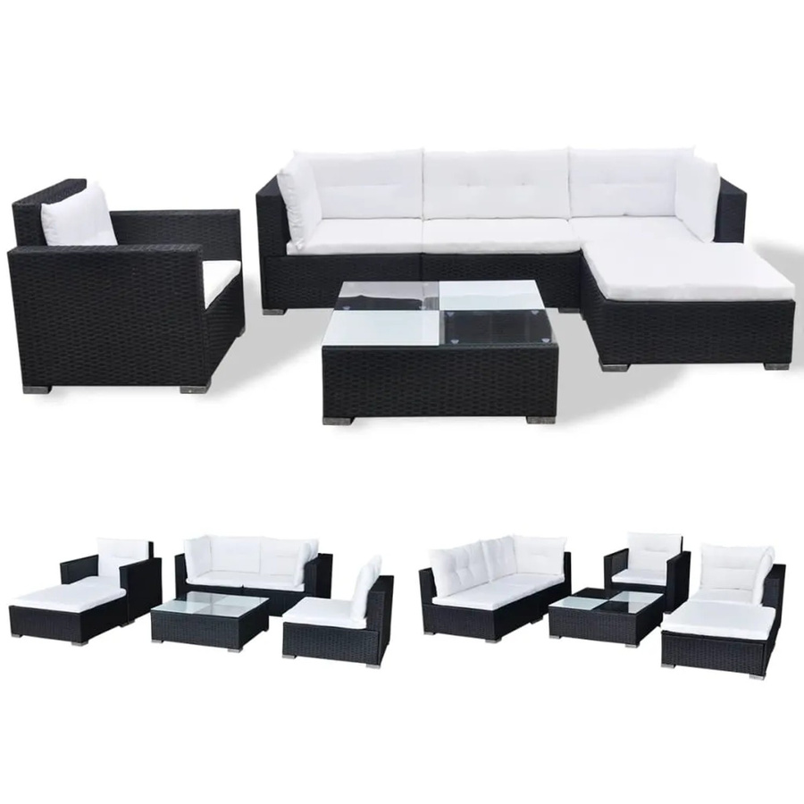 vidaXL 6-tlg Garten-Lounge-Set L-Form aus Poly Rattan und Stahl in Schwarz mit wetterfesten Auflagen - Bild 2