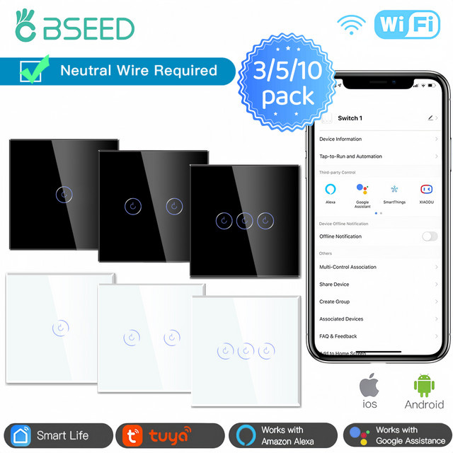 BSEED WLAN Smart-Lichtschalter mit Tuya Smart Life App, Glaspanel in Weiß mit blauer Hintergrundbeleuchtung, 1/2/3-fach Ausführung für Wandmontage - Bild 1