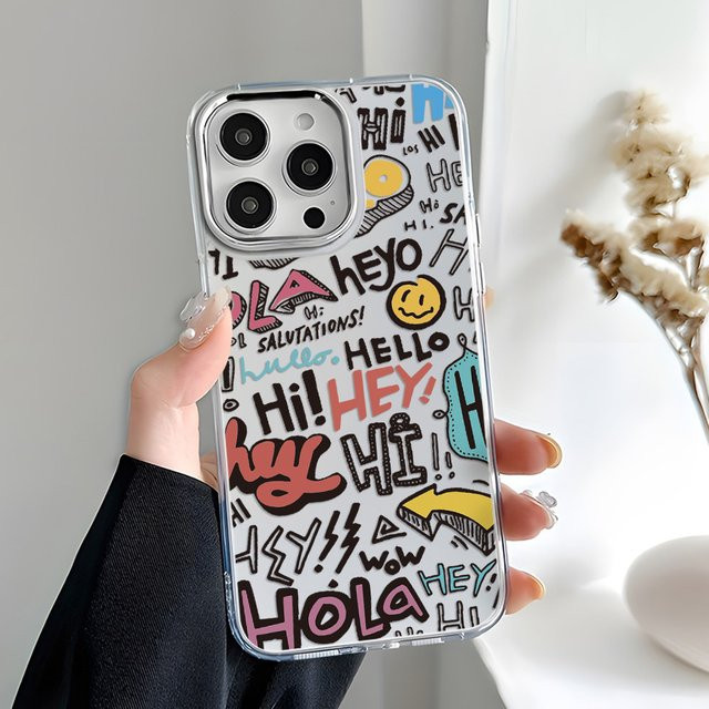 Stoßfeste Silikon Handyhülle mit Cartoon Reise Graffiti Design für Apple iPhone 17 Pro Max, 16, 15, 14, 13, 12, 11 in Silber mit Linsenrahmen - Bild 1