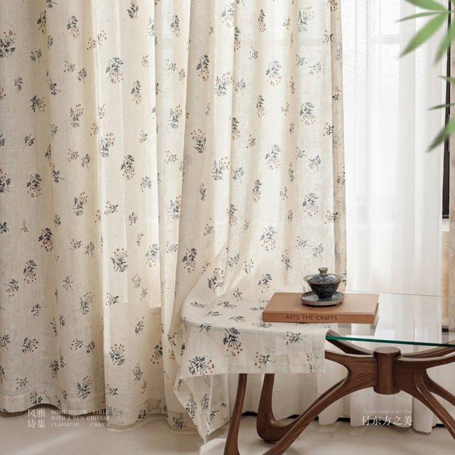 CENTURyMiG Vorhang im amerikanischen Landhausstil mit floralem Grasblumen-Druck, halbtransparent, beige, Breite: 100 cm, Höhe: 200 cm - Bild 1