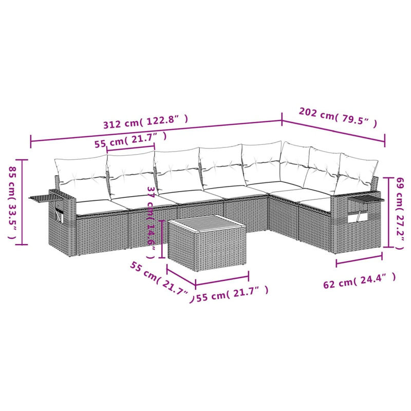 Vidaxl Gartenmöbel-Set aus Polyrattan mit Kissen, 8-teilig, Grau, Modernes Design - Bild 2