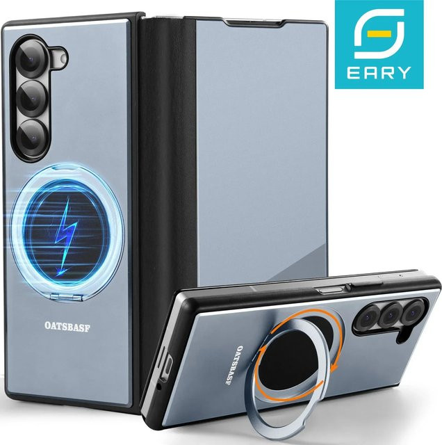 Eary Leder-Metall-Handyhülle für Samsung Galaxy Z Fold 6 in Schwarz mit 360 Grad drehbarem Magnetständer und Stoßschutz - Bild 1