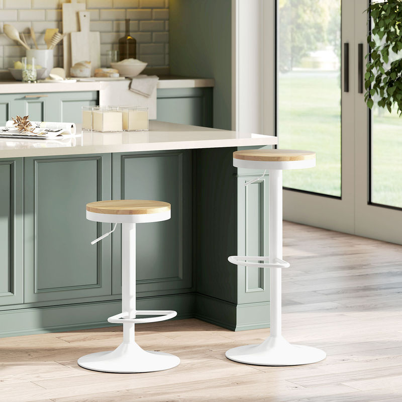 HOMCOM Barhocker 2er Set, höhenverstellbare Barstühle aus Gummibaumholz und Stahl, 360 Grad drehbar mit Fußstütze, Farbe Naturholz und Weiß - Bild 2
