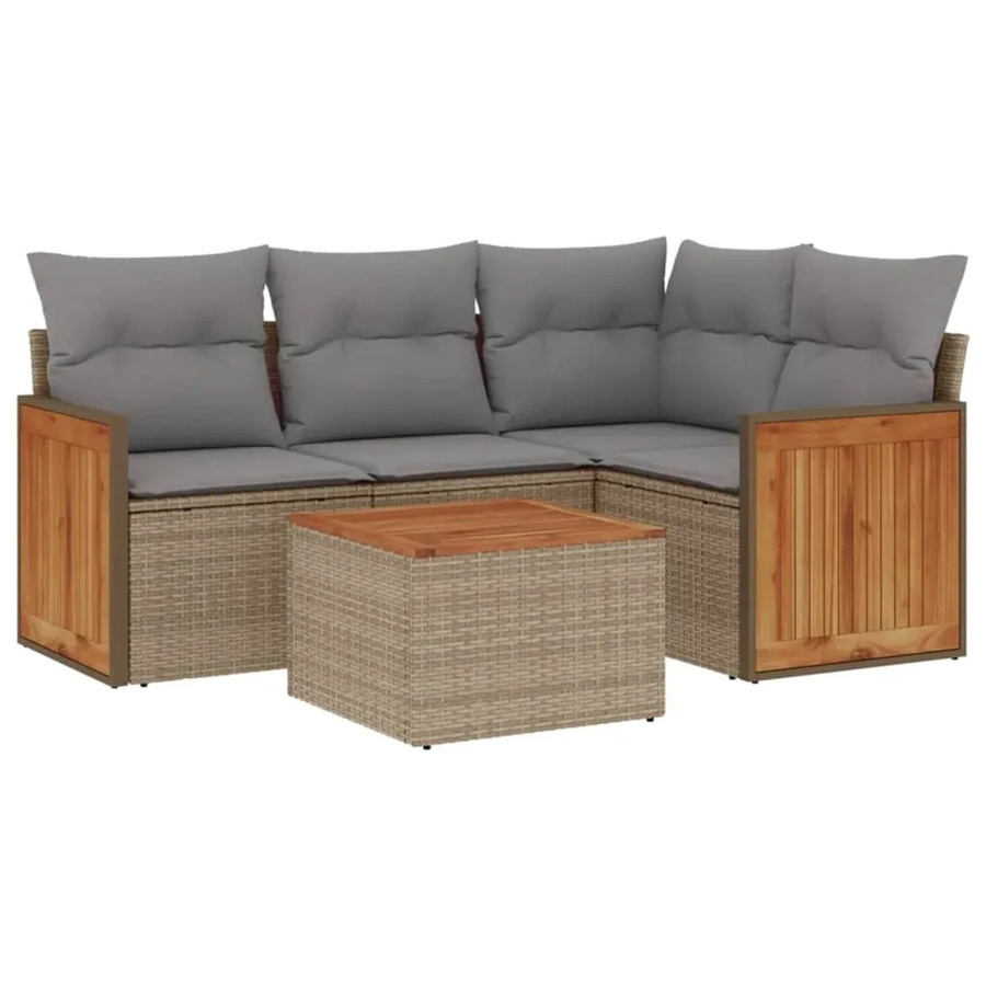 vidaXL 5-teilige Garten-Sofagarnitur in L-Form aus Poly-Rattan und Akazienholz mit Kissen in Beige-Grau - Bild 2