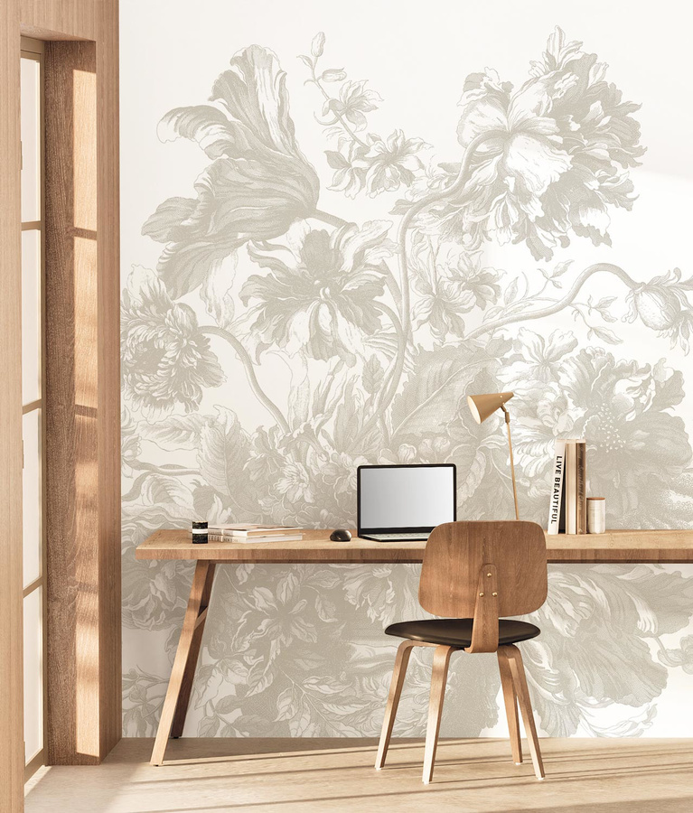 KEK Amsterdam Mural Engraved Flowers Uyterlinde Wandtattoo in Grau und Gold mit floralem Design, Breite: 195 cm - Bild 1