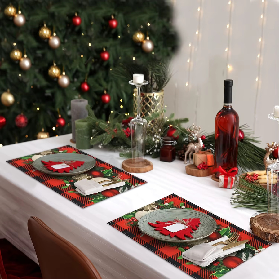 VIKAMA 4-teiliges Weihnachts-Tischset in Schwarz und Rot mit Karomuster für deine festliche Tischdekoration - Bild 3