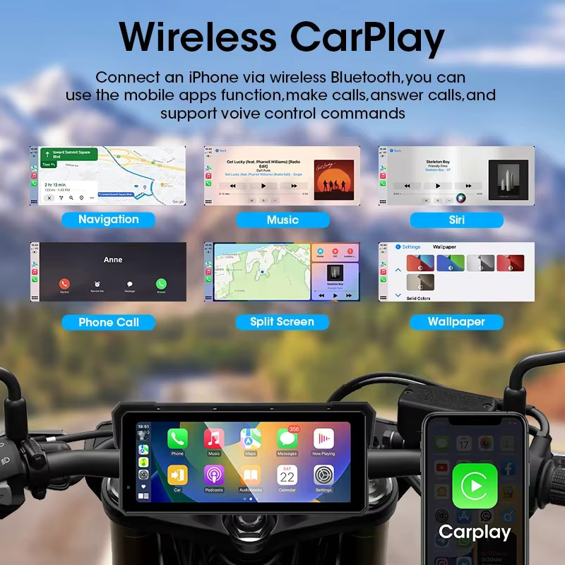 Jansite Tragbares Motorrad-Navigationssystem mit 8,1 Zoll 4K DVR Touchscreen, kabelloses CarPlay, GPS, Bluetooth und Wi-Fi, IP67 wasserdicht und staubdicht, Schwarz - Bild 1