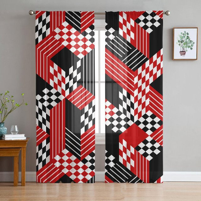 Super Six Transparenter Tüllvorhang Geometrisch Abstrakt in Rot Schwarz Weiß, Breite: 135 cm, Höhe: 114 cm - Bild 1