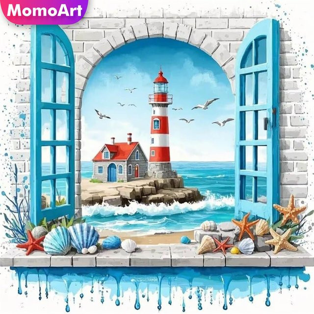 Momoart Diamant-Mosaik Wandkunst Leuchtturm und Seesterne in Multicolour, Rundmalerei mit Strass-Stickerei - Bild 1