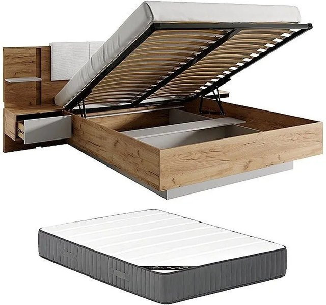 Vente-unique Bett Elynia mit Bettkasten in Naturfarben Hell und Weiß, B/T/H: 160 x 200 x 256,4 cm - Bild 1