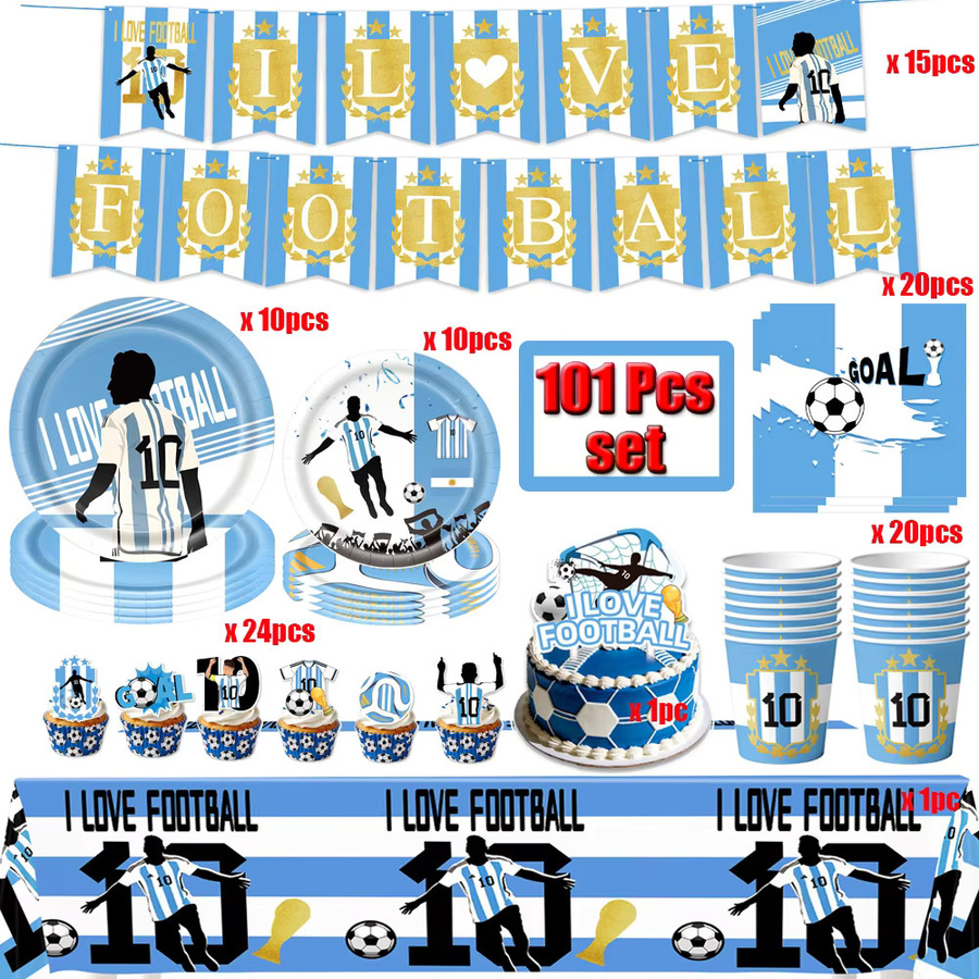 TAKARA TOMY Fußballspieler Geburtstagsparty Deko Set Argentinischer Superstar in Blau mit Tischgeschirr, Tischdecke, Bechern, Ballons und Tortendekoration - Bild 2