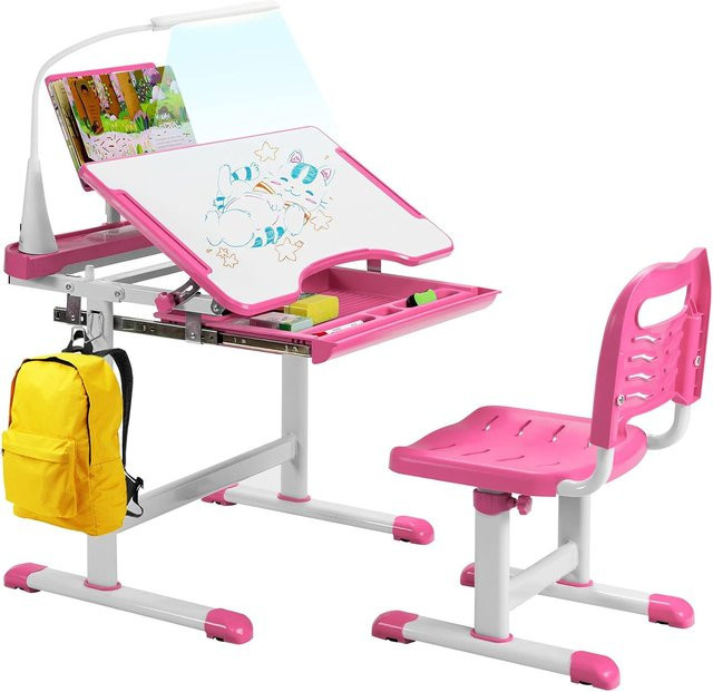 GOFLAME Kinder Schreibtischset mit höhenverstellbarem Schreibtischstuhl und LED-Licht in Rosa - Bild 1