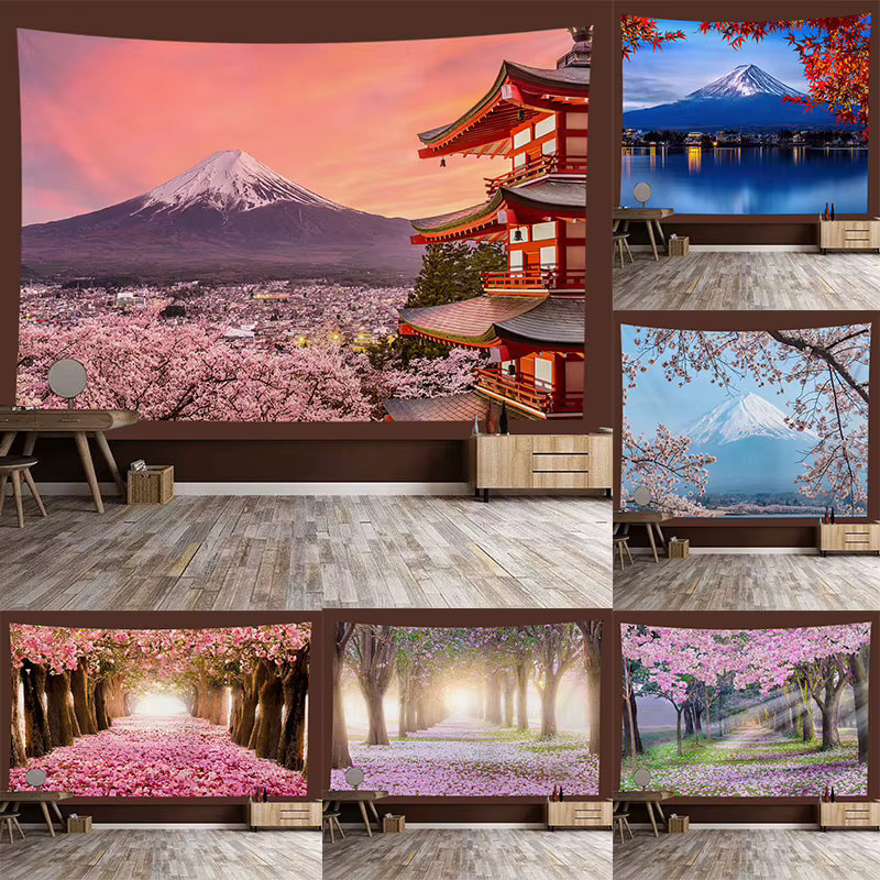 VIKAMA Wandteppich mit japanischen Kirschblüten und orientalischer Landschaft in Multicolour - Bild 2