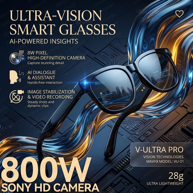 GUHUAVMI Smart-Brille mit 1080P HD Videokamera, Bluetooth 5.4 Open-Ear-Kopfhörer und Dual-Mikrofon ENC in Schwarz - Bild 1