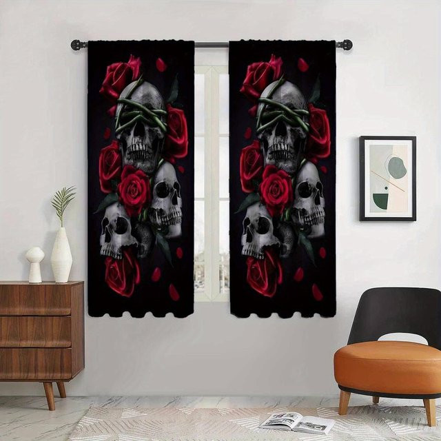 2er-Set dekorative Totenkopf-Vorhänge von Yiran Furniture in Schwarz, halbtransparent mit Ösen, Breite: 100 cm, Höhe: 130 cm - Bild 1