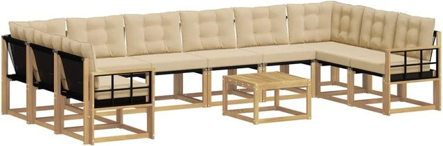 vidaXL Outdoor-Sofagarnitur in L-Form aus massivem Akazienholz mit 11 Textilene-Kissen in Weiß und Beige - Bild 1