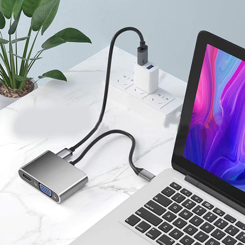 OULLX USB C Hub 4 in 1/5 in 1 Typ C Adapter mit HDMI 4K UHD, VGA und USB 3.0 sowie PD Schnellladefunktion in Grau - Bild 2