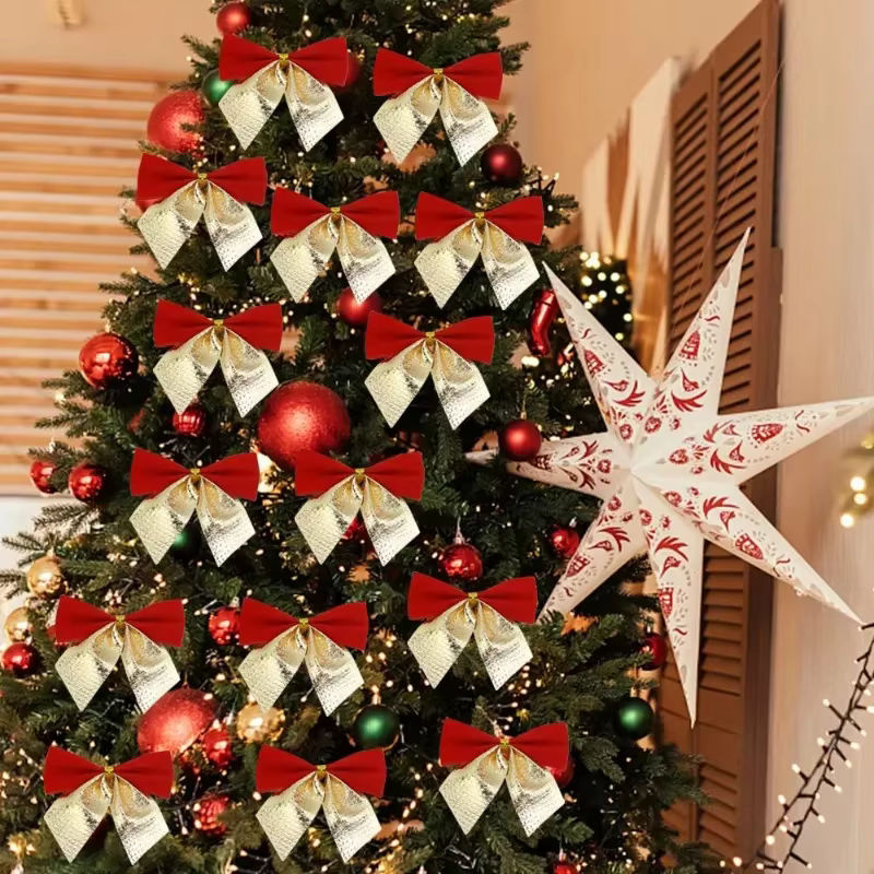 60er Set rote Stoffschleifen mit Schriftzug als hängende Weihnachtsdekoration für den Weihnachtsbaum in Rot und Silber - Bild 5