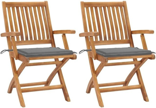 vidaXL Gartenstuhl Set aus Teakholz mit grauen Kissen, 2 Stück - Bild 1
