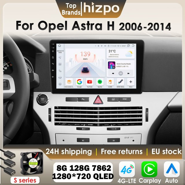 Hizpo Android 14 Auto Radio für Opel Astra H 2006-2014 mit 8GB RAM, 128GB Speicher, GPS, 4G, Bluetooth, DSP, Carplay und 360 Kamera in Schwarz - Bild 1