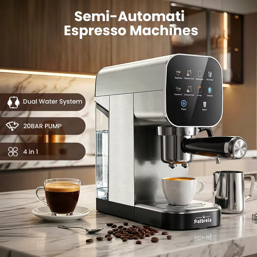 Patbrela Halbautomatische Espresso-Kaffeemaschine mit 20 Bar, Doppelwassersystem und Cold Brew Funktion, Silber/Edelstahl - Bild 2