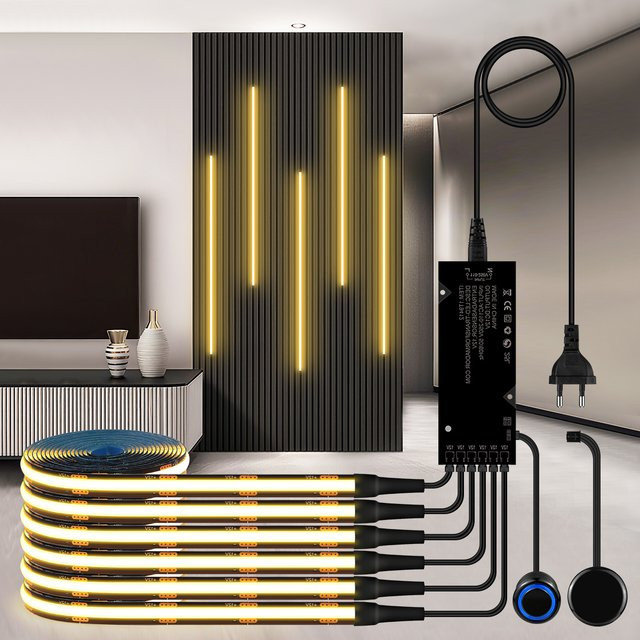 Gyarfas Akustische Holzgitter-Vorhangwandplatte mit dimmbarer Warmweiß LED COB Lichtstreifen in Schwarz mit Doppel-Touch-Sensor - Bild 1
