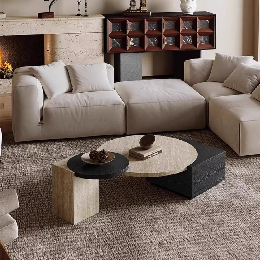 MDUG Moderner Couchtisch im Nordic-Stil mit Marmor-Optik und runder Oberfläche in Matt - Bild 1