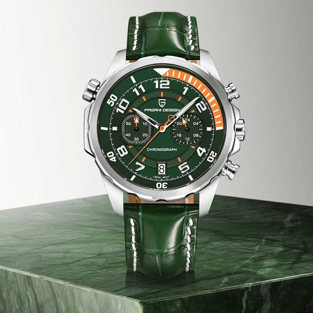 PAGANI DESIGN Chronograph, Grün, Quarz, Edelstahl, Leder, Herren - Bild 1