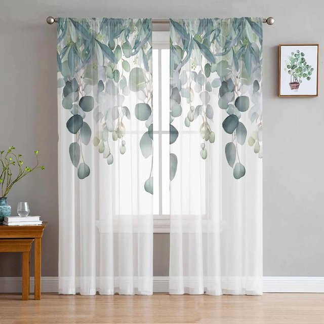 Yiran Furniture Transparenter Voile-Vorhang mit Eukalyptusblatt-Aquarellmuster in Weiß, Breite: 135 cm, Höhe: 115 cm - Bild 1