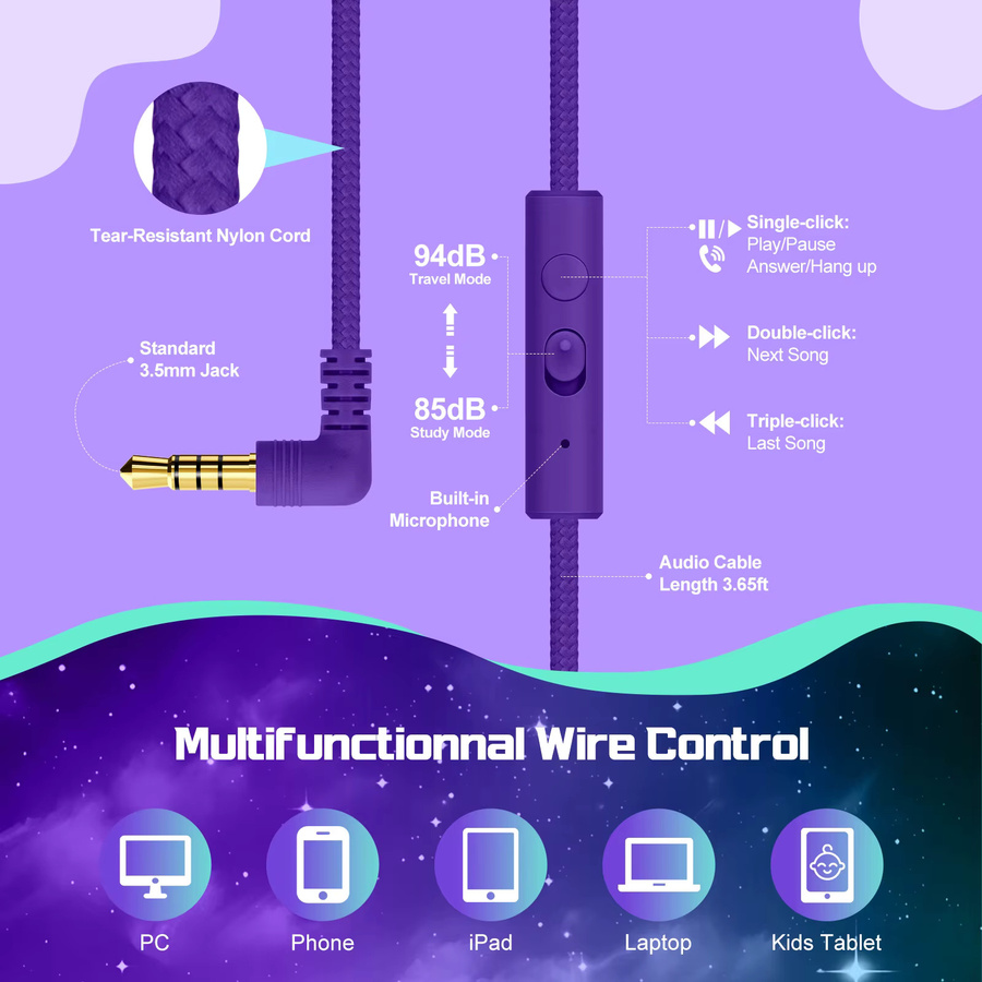 QearFun Kinder-Kopfhörer mit Mikrofon, kabelgebundenes Stereo-Sound-Headset in Purple, faltbar, mit Lautstärkeregler (85/94 dB) für Schule und Tablet - Bild 4