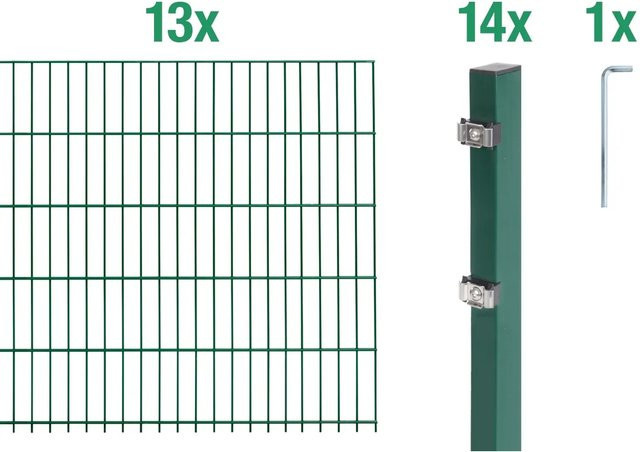 Metallzaun Doppelstabmatte Grund-Set aus Stahl, grün beschichtet, Höhe: 1,6 m, Breite: 2 m, Tiefe: 13 m - Bild 1