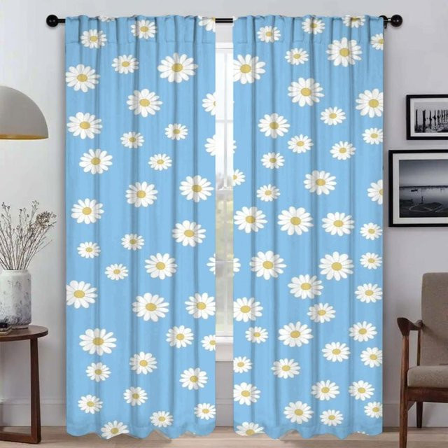 Blumen Fenster Vorhang aus Tüll in Blau, 2 Paneele für Wohnzimmer und Küche, B: 50 cm, H: 70 cm - Bild 1