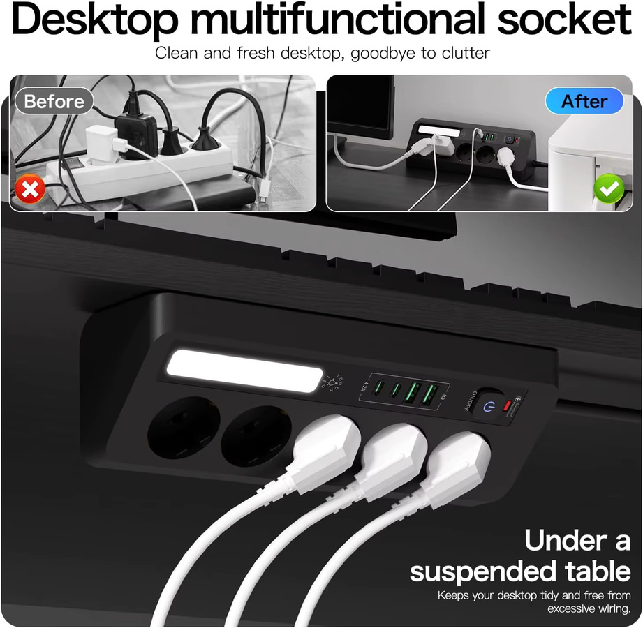 Wandmontierte Tisch-Ecksteckdose in Schwarz mit 5 Steckdosen, 2 USB-C-Anschlüssen und 90 Grad Dreieckdesign - Bild 3
