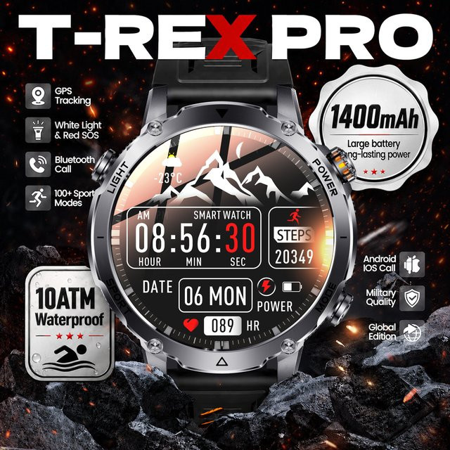 GUHUAVMI T-REX PRO Wander-GPS-Smartwatch für Herren mit 1,7 Zoll HD-Display, 10ATM Wasserdicht, Dual SOS LED-Taschenlampe und Bluetooth-Anruffunktion, Schwarz - Bild 1