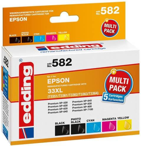 Edding Tintenpatronen Kombi-Pack kompatibel mit Epson 33XL, T3351, T3357, T3361, T3362, T3363, T3364 in Schwarz, Fotoschwarz, Cyan, Magenta und Gelb - Bild 1