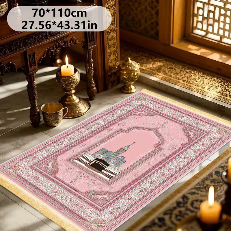 VIKAMA Islamische Gebetsmatte in Rosa mit Kaaba-Muster und Quasten, weiche Anbetungsmatte für dein Zuhause - Bild 2