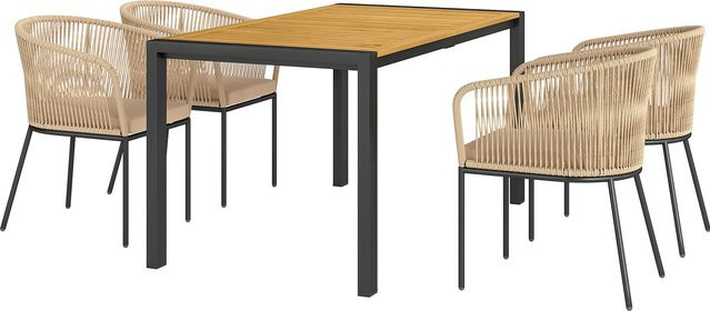Outsunny 5-teiliges Gartenmöbel-Set aus Polyrattan und Akazienholz in Naturholz und Khaki für 4 Personen mit Tisch und Stühlen - Bild 1