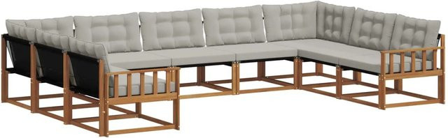 vidaXL Outdoor-Sofagarnitur 9-teilig in U-Form aus massivem Akazienholz mit Textilene und Kissen, Beige und Grau - Bild 1