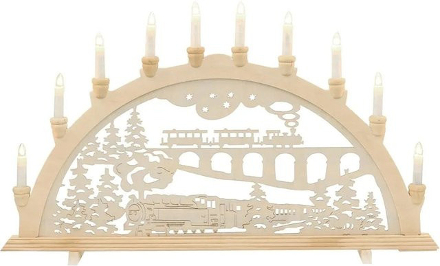 Dekohelden24 XXL Leuchterbogen Schwibbogen mit Eisenbahn-Motiv und Spitzkerzen, Farbe: Beige, B/H: 71 x 40 cm - Bild 1