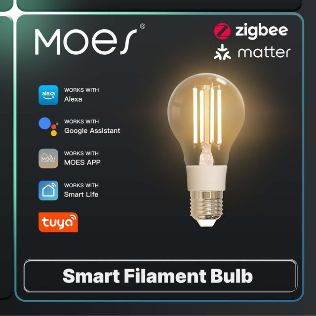 MOES Smart LED Glühlampe E27 mit 7W, Tuya ZigBee/Matter/WiFi, Filament Design in Transparent, kompatibel mit Alexa und Google Home - Bild 1