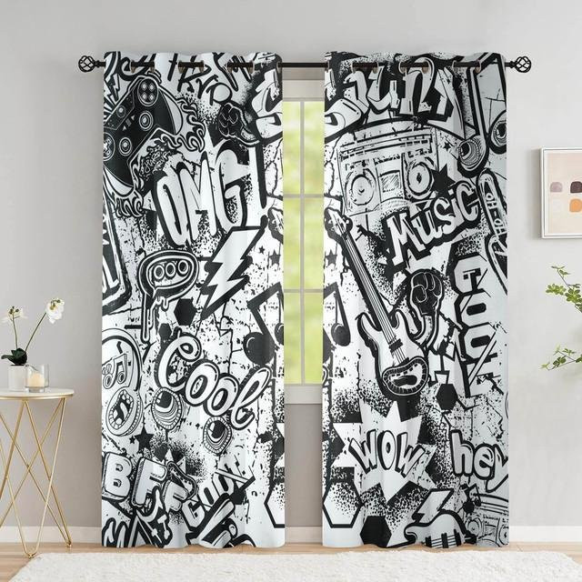 Cartoon Gamepad Blackout-Vorhänge mit Graffiti-Videospiel-Motiv, 2er-Set, Schwarz/Mehrfarbig, B: 53,5 cm x H: 183 cm - Bild 1