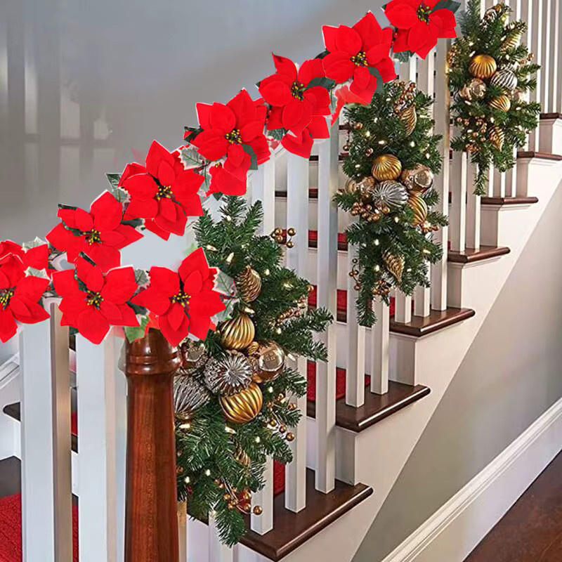 Cyuan Weihnachtsstern Lichterkette mit roten Stoffblumen in Warmweiß für Indoor und Outdoor Dekoration - Bild 2