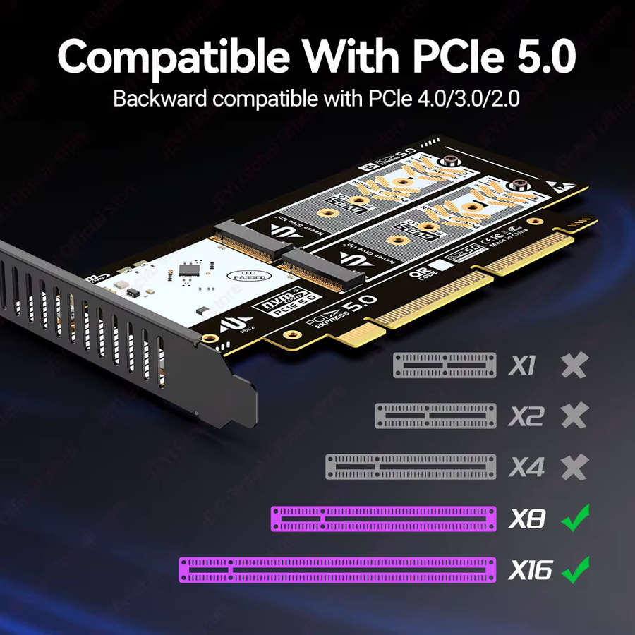 JEYI Dual M.2 NVMe zu PCIe 5.0 Erweiterungskarte in Schwarz mit 256 Gbit/s, unterstützt X8/X16-Steckplätze für 2280/2260/2242/2230 NVMe SSDs und Soft-RAID-Unterstützung - Bild 2