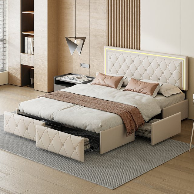 Anajqaqia Doppelbett mit 4 Schubladen aus gepolstertem PU-Leder in Beige, B/T/H: 160 x 200 cm - Bild 1