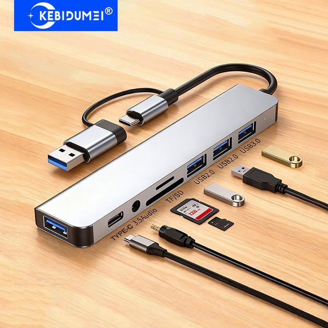 KEBIDUMEI 8-in-2 USB 3.0 Hub Dockingstation mit USB-C und USB-A OTG Adapter für Laptop mit 5Gbps Übertragungsrate - Bild 1