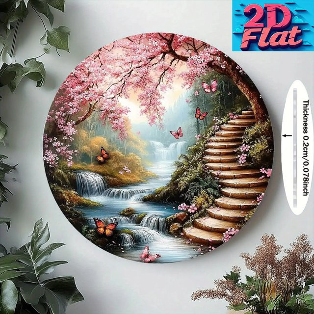 Potdemiel 2D-Retro-Aluminium-Wandkunst Rund mit Kirschblüten, Schmetterlingen und Wasserfall-Waldlandschaft in Mehrfarbig - Bild 1