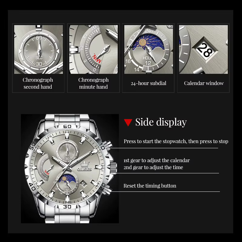 OLEVS Chronograph Armbanduhr Edelstahl, Quarz, 45,5 mm, Herren - Bild 5